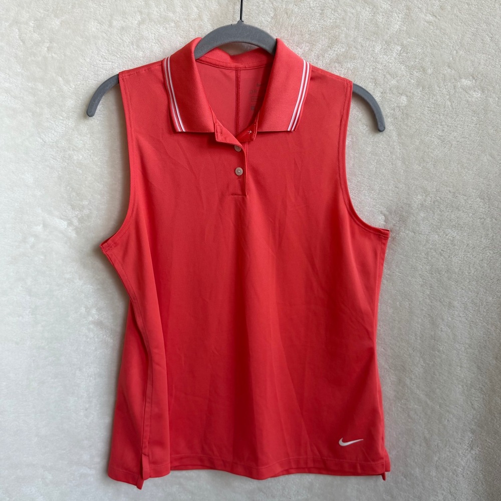 Nike Dri-FIT Sleeveless Golf Polo Coral Striped Collar Standard‎ Fit Vent
